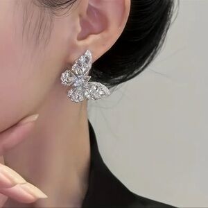 Silver Butterfly CZ Diamond Stud Earrings New